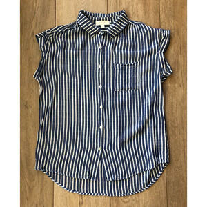 Becaal Blouse Shirt Women’s Sz Small White Blue Stripes Button Down Short Sleeve
